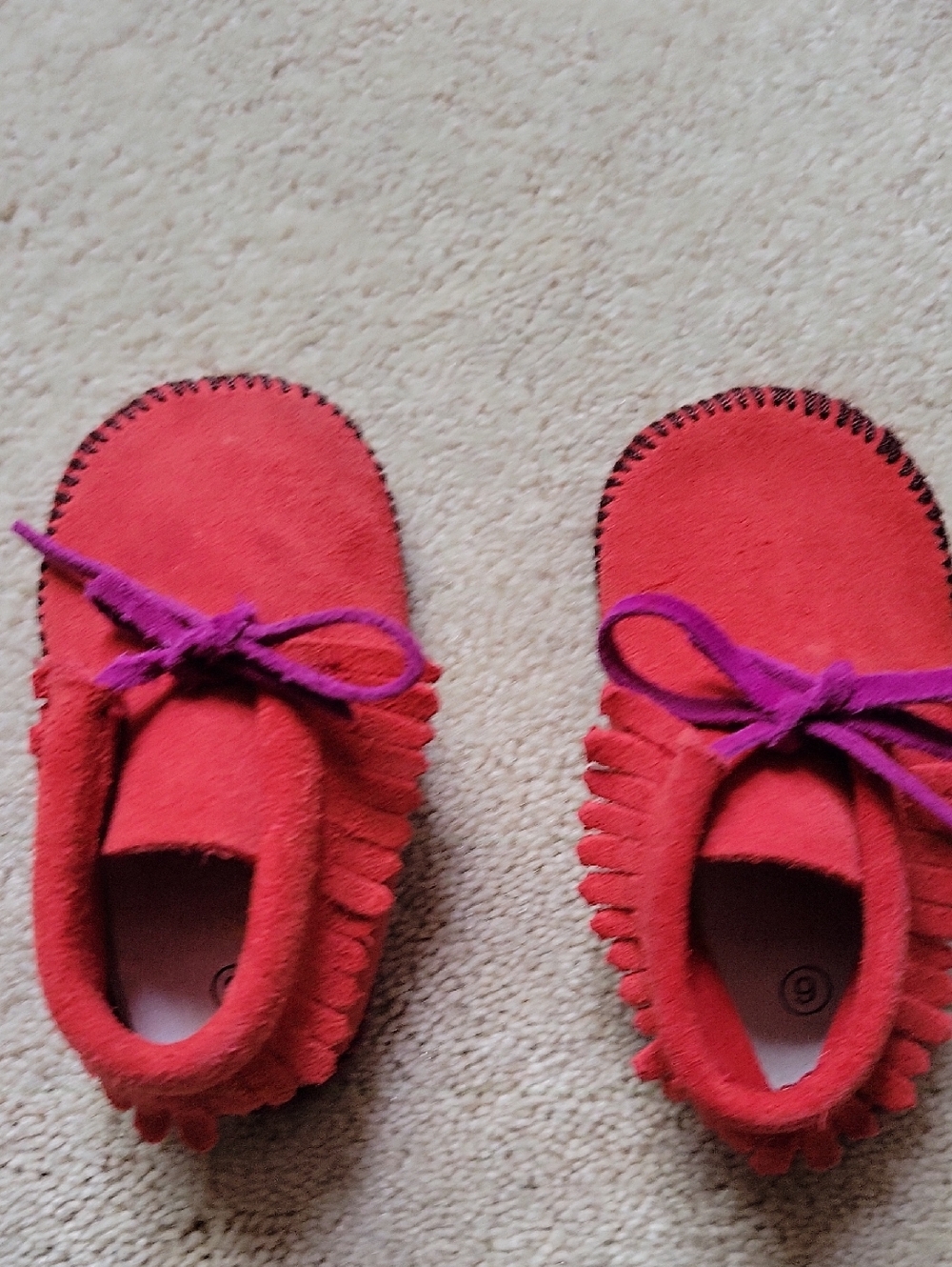 Kids Red Suede Moccasin Shoes with Purple Laces